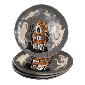Eli + Ana Halloween Ghost Dinner Plates 11in Haunted House Set of 4 Ceramic NEW